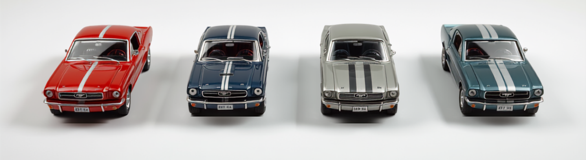 Four Ford Mustang diecast model cars lined up in a row