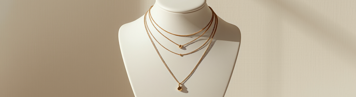 Three gold necklaces of different lengths on a white jewelry display bust