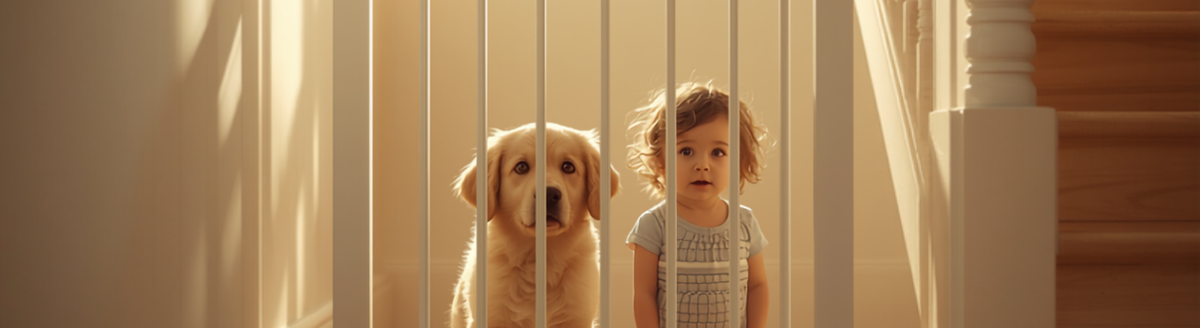 Puppy and toddler looking through a white safety gate at the bottom of a staircase