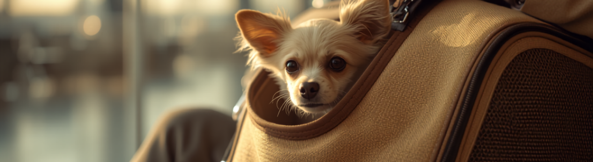 Small dog peeking out of an airline-approved pet travel carrier