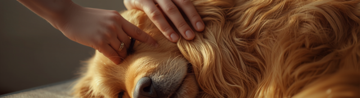 Person gently brushing a golden retriever's coat at home