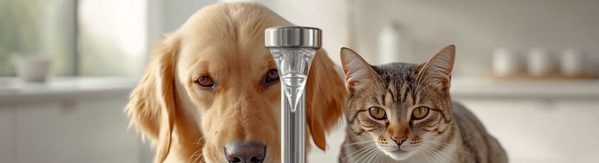 Dog and cat drinking together from a stainless steel pet water fountain