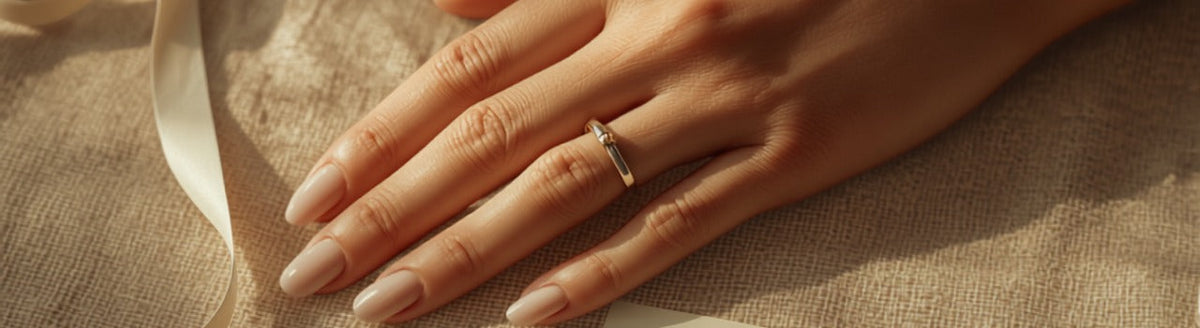 Hand wearing a gold ring beside a ribbon, illustrating how to measure ring size at home