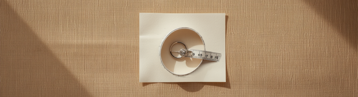 Diamond ring resting inside a wrapped paper measuring strip with a tape measure, on warm linen with dramatic light