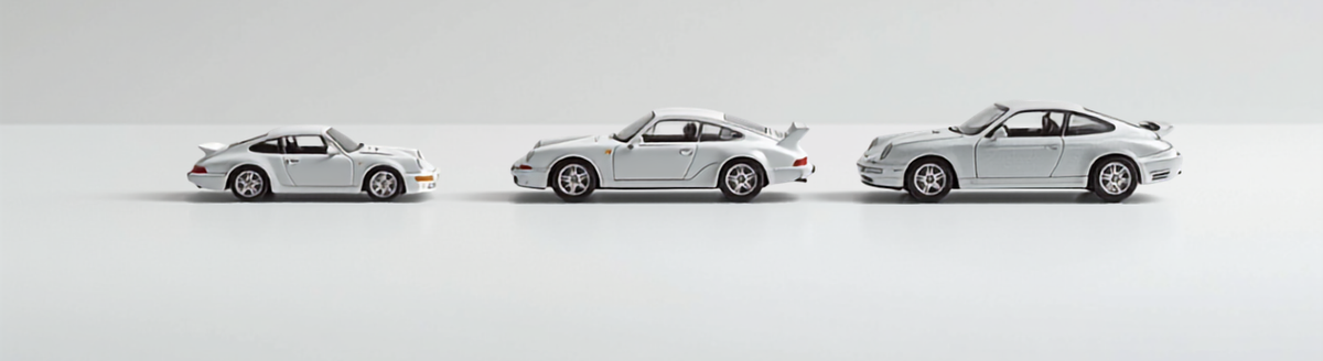 Three diecast model cars shown at different scale sizes
