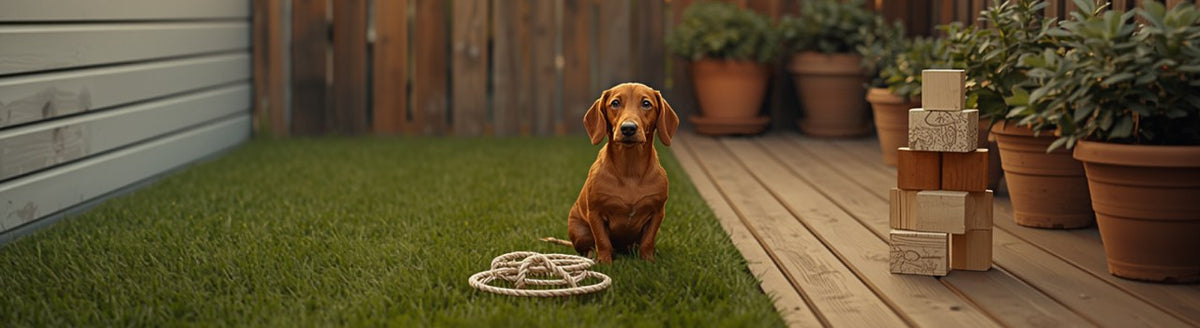 Dachshund sitting on a narrow strip of lawn in a small fenced backyard beside a rope ring and stacked wooden game blocks