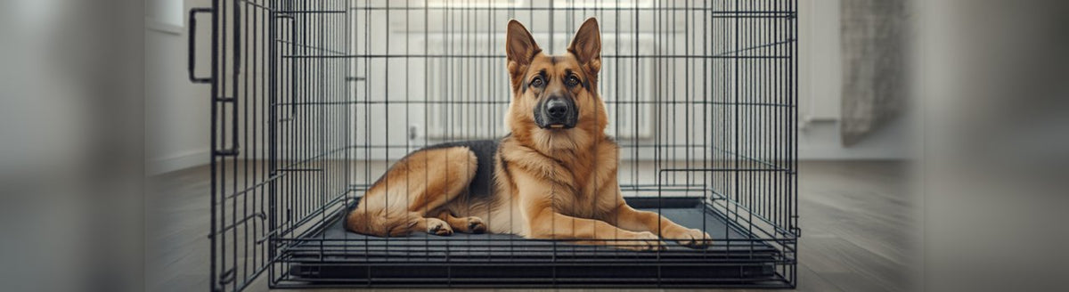 German Shepherd resting calmly inside a large black metal dog kennel