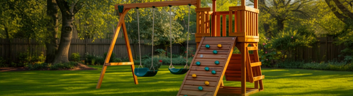 Wooden backyard swing set with slide and climbing wall in a sunny garden