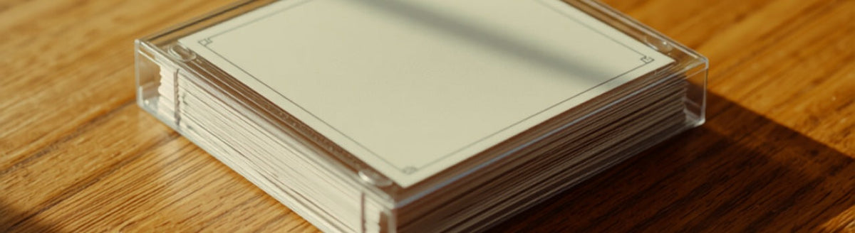 Stack of graded trading cards in protective toploader cases on a wooden desk