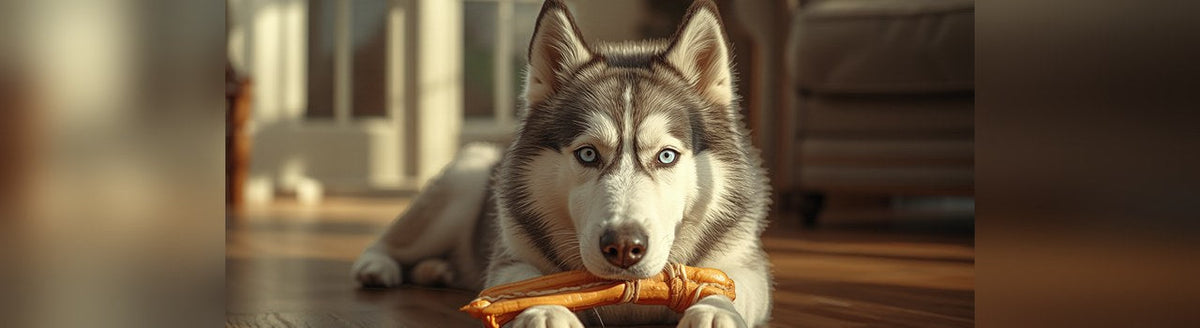 Siberian Husky lying on a wood floor happily chewing a long natural turkey tendon treat