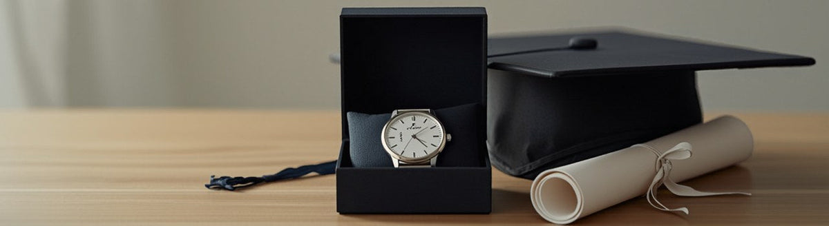Watch in an open gift box beside a graduation cap and diploma