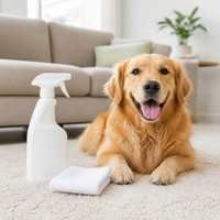 Golden retriever on a clean carpet beside a pet stain remover spray - Pet Odor & Stain Removers