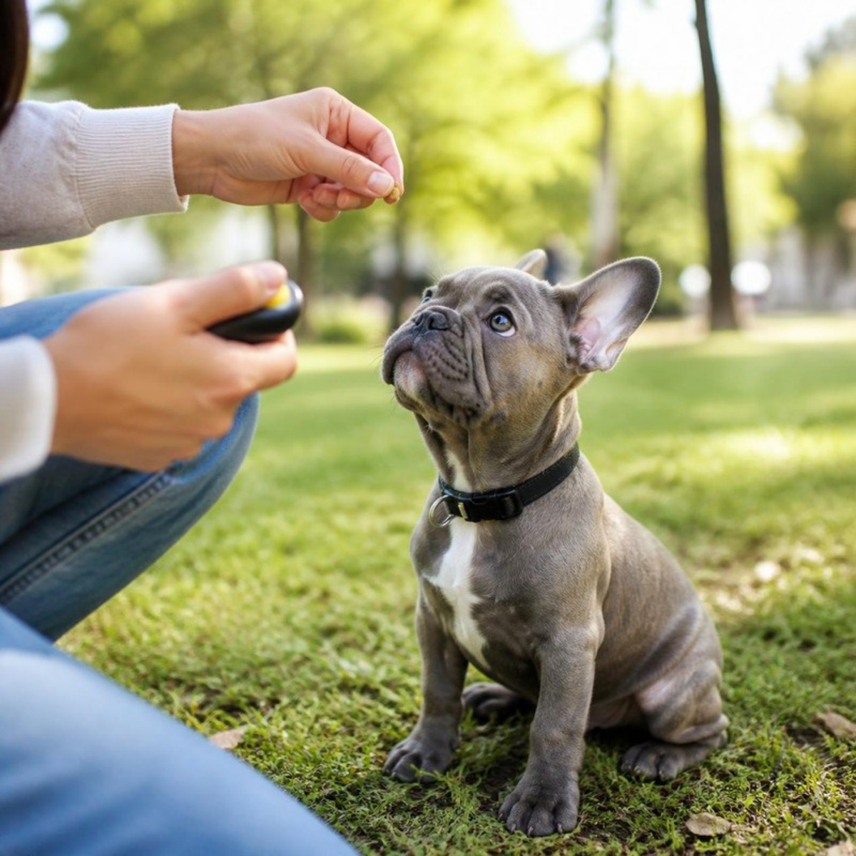 French bulldog puppy sitting during a training treat session - Pet Training & Behavior