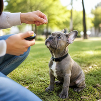French bulldog puppy sitting during a training treat session - Pet Training & Behavior
