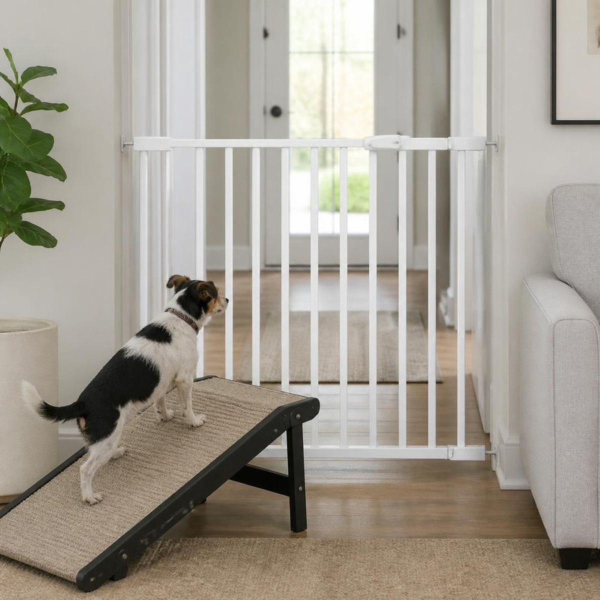 Dog walking up a pet ramp next to a white pet safety gate - Pet Doors, Gates & Ramps