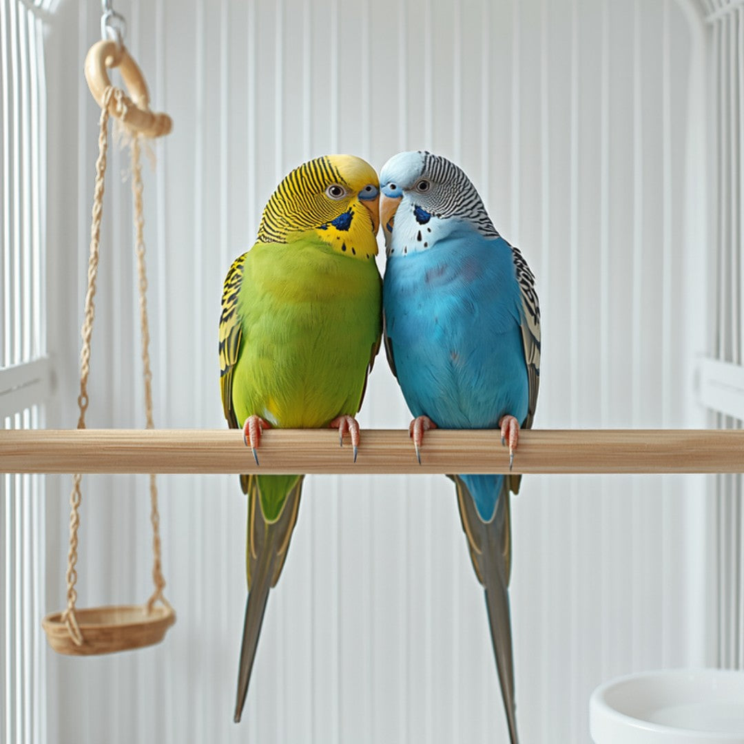 Two budgies on a perch in a bird cage - Bird Supplies