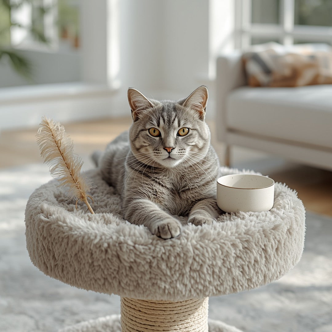 Gray tabby cat on a cat tree - Cat Supplies