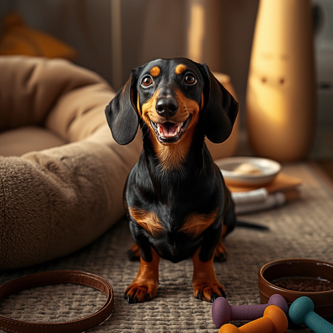 Dachshund with a dog bed, collar, bowl, and toys - Dog Supplies
