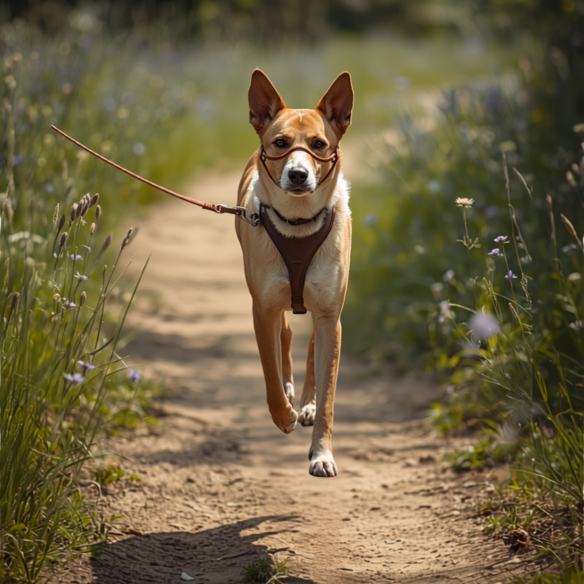Dog wearing a head halter and lead outdoors - Leads & Head Collars