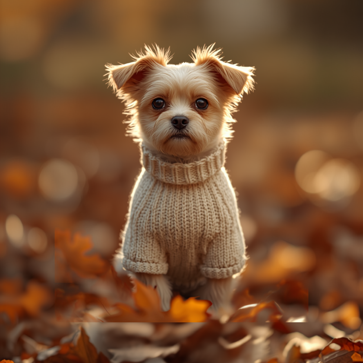 Small dog wearing a knit sweater outdoors - Pet Apparel