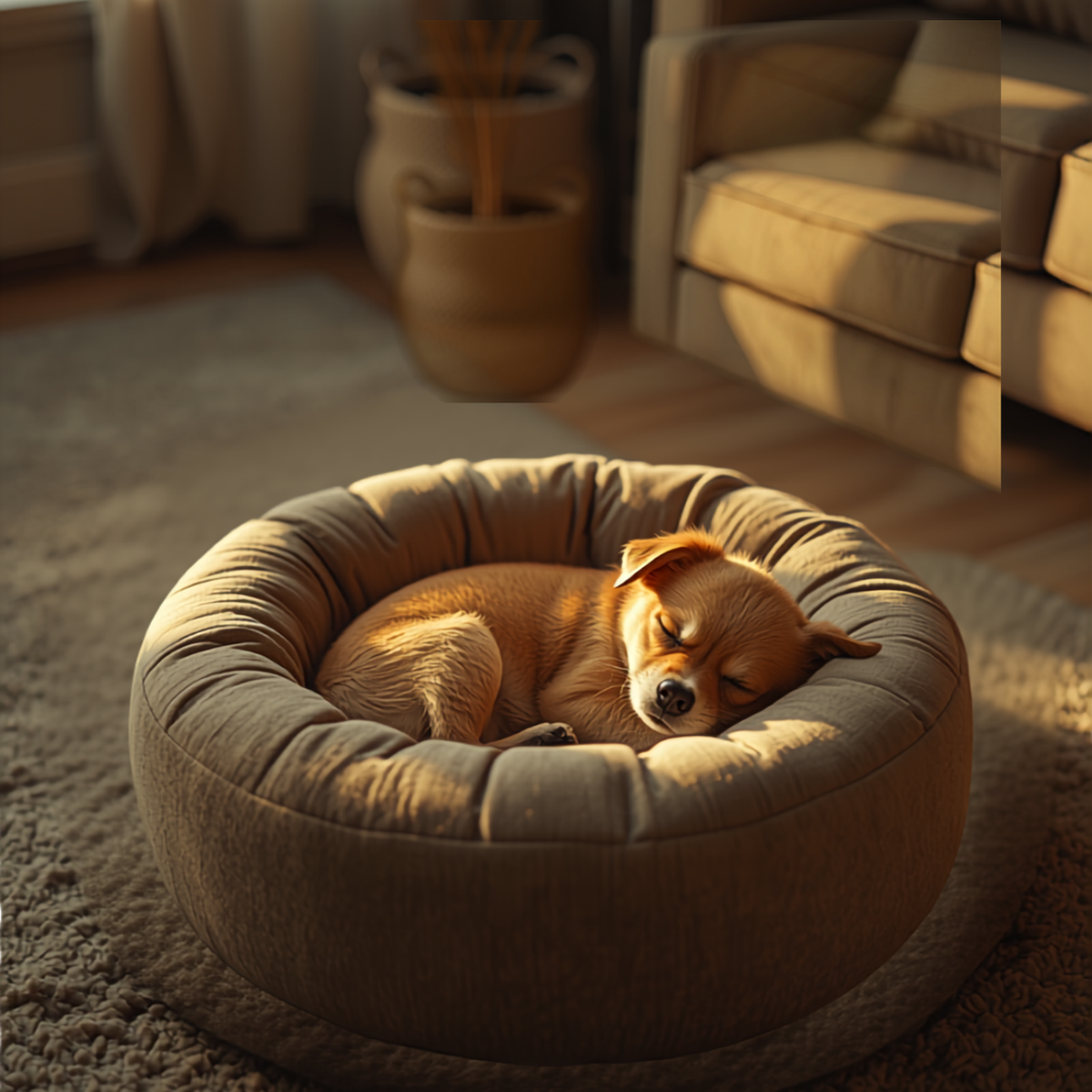 Dog sleeping in a plush round pet bed - Pet Beds