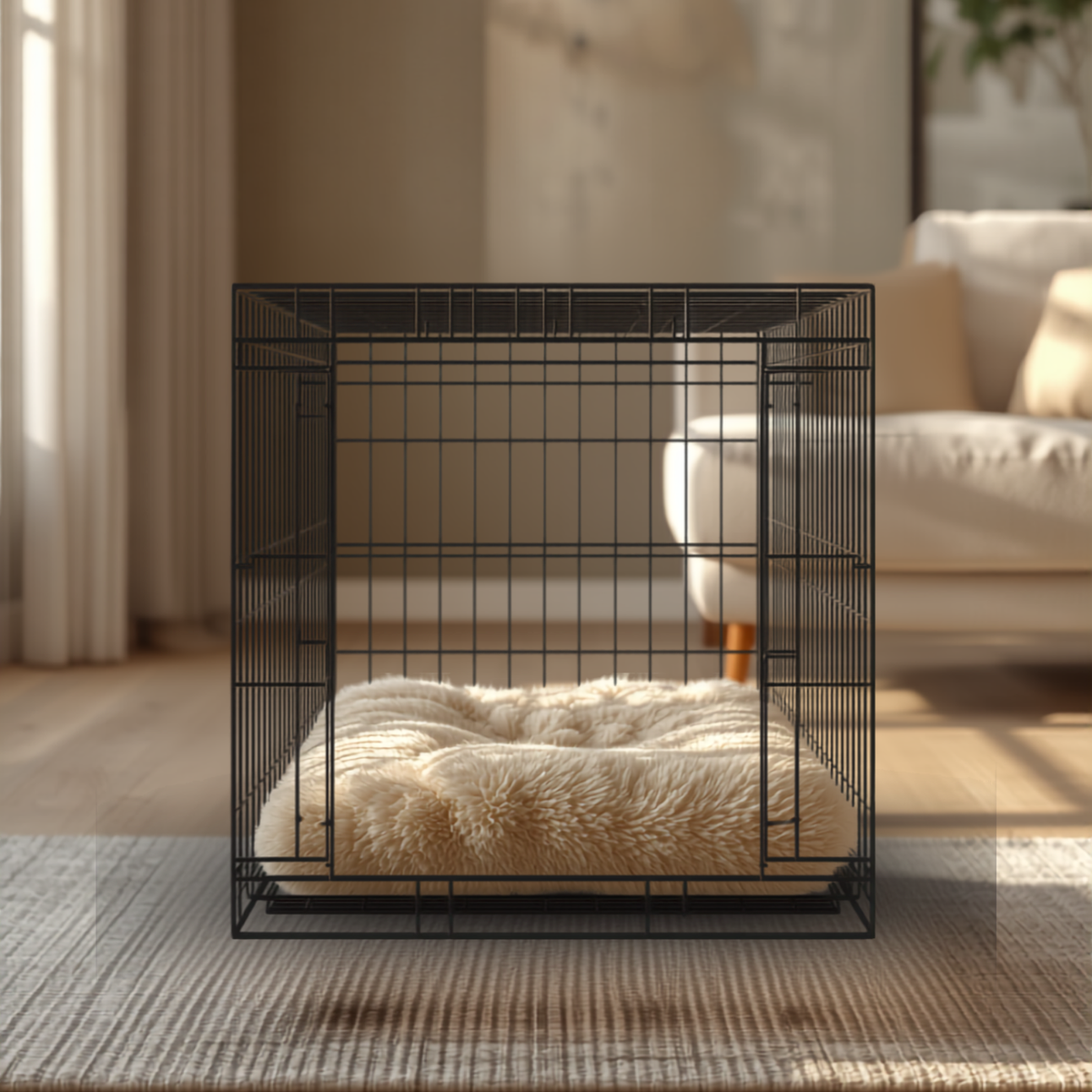Modern wire dog crate in a living room - Pet Crates, Gates & Containment
