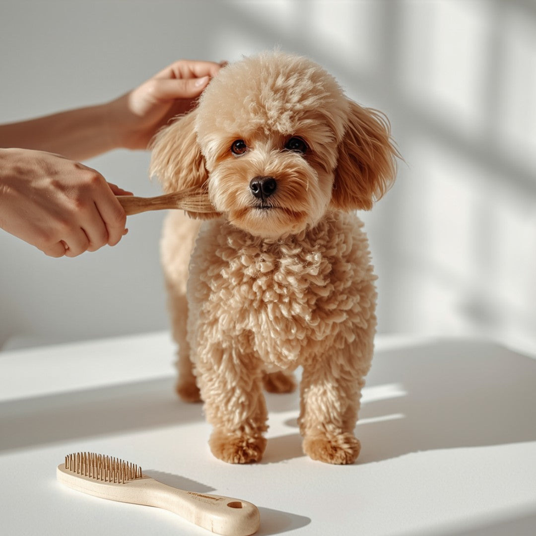 Brushing a Miniature Poodle on a grooming table - Pet Grooming