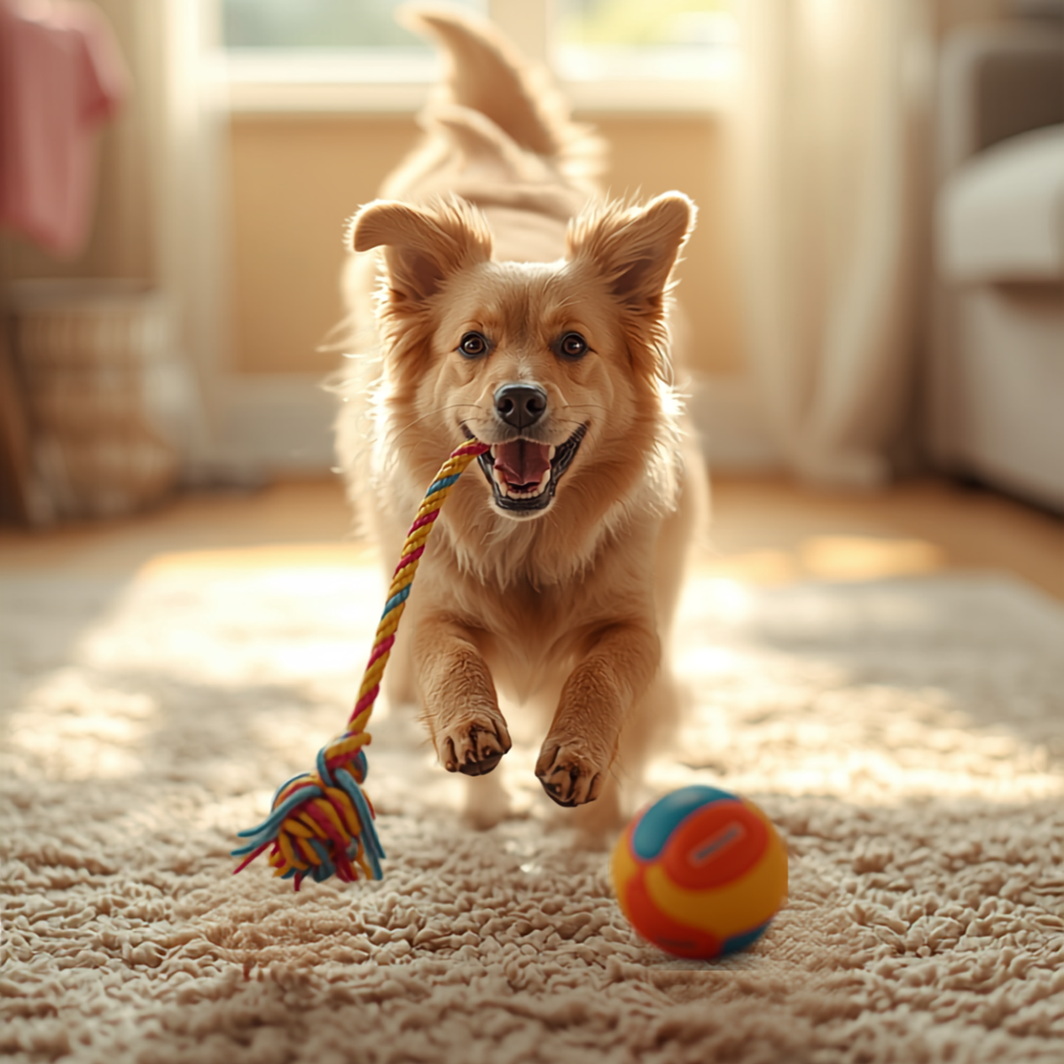 Happy dog playing with a rope toy and ball - Pet Toys