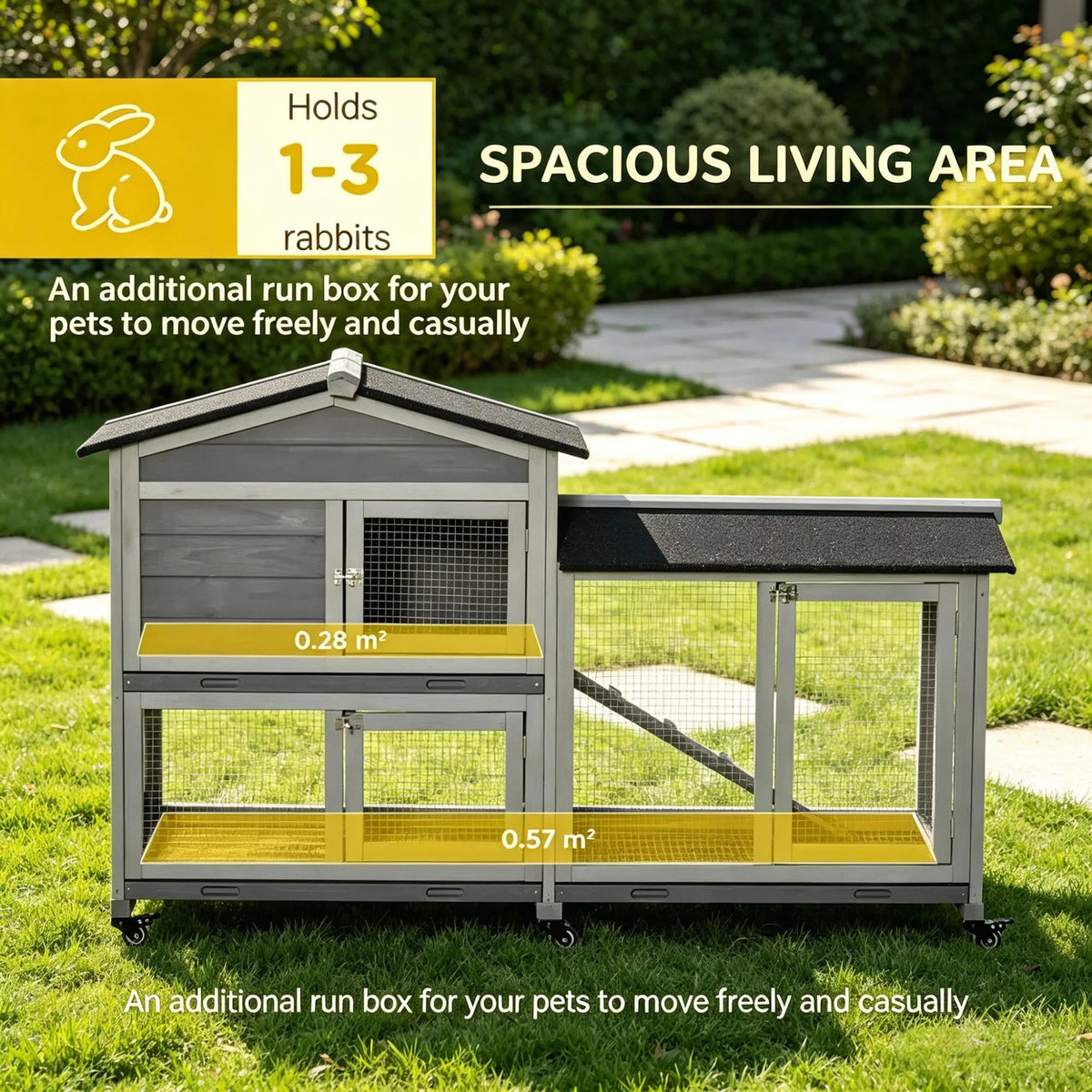 62 Inch Indoor Outdoor Wooden Rabbit Hutch with Wheels Run Box Slide-out Tray and Ramp