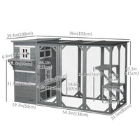 Wooden Cat Catio, 76"L Walk in Outdoor Cat House with Asphalt Roof, Platforms, Lockable Doors, 3-tier Resting Condo, Obs