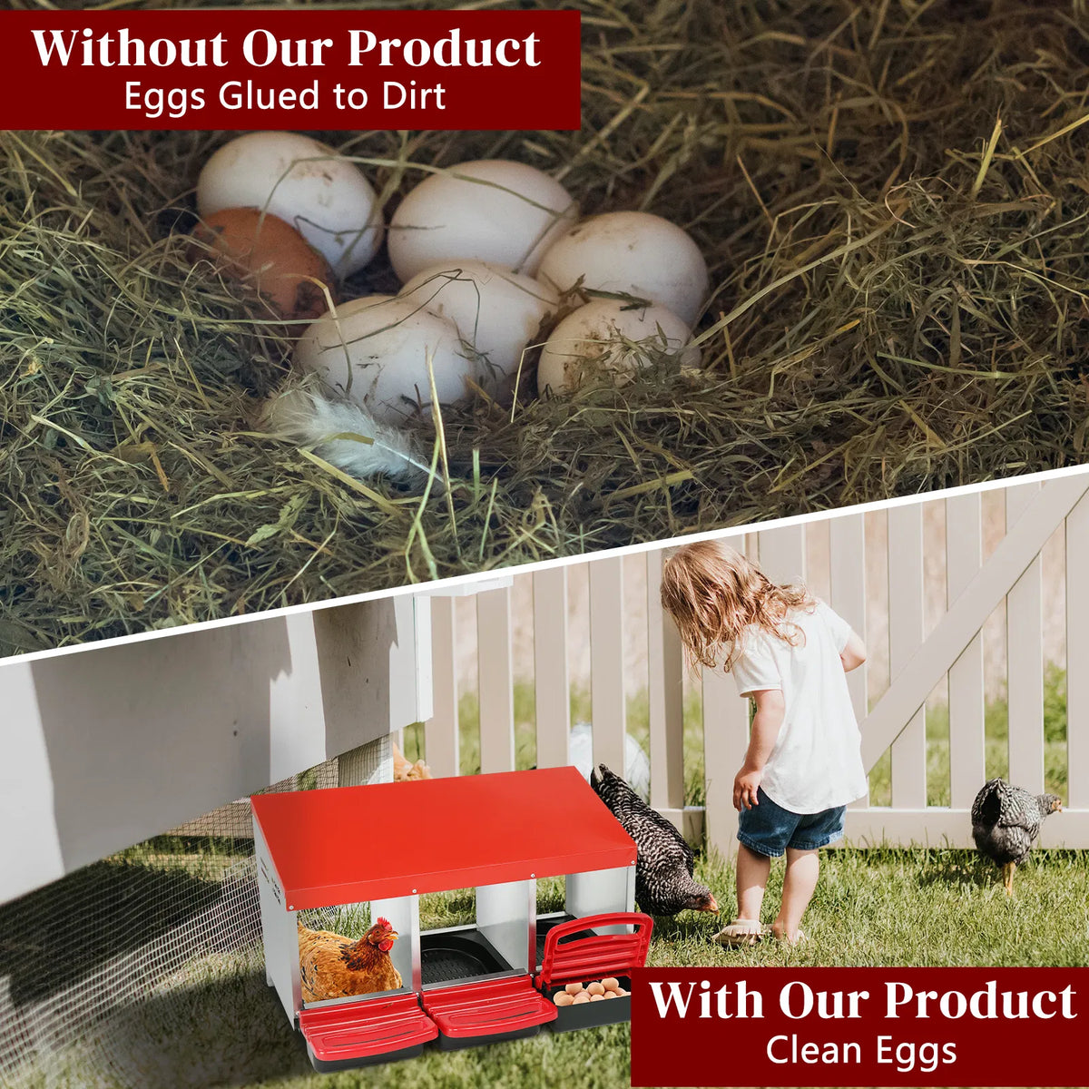 3 Compartment Roll Out Chicken Nesting Box with Plastic Basket, Egg Nest Box Chicken Laying Box Hens Chicken Coop Box, R