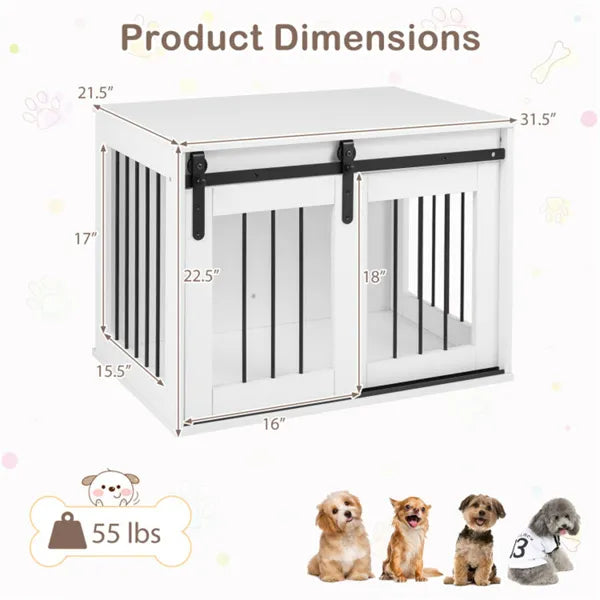 31.5" Dog Crate Furniture With Sliding Barn Door, Wooden Dog Kennel End Table For Indoor Use - White