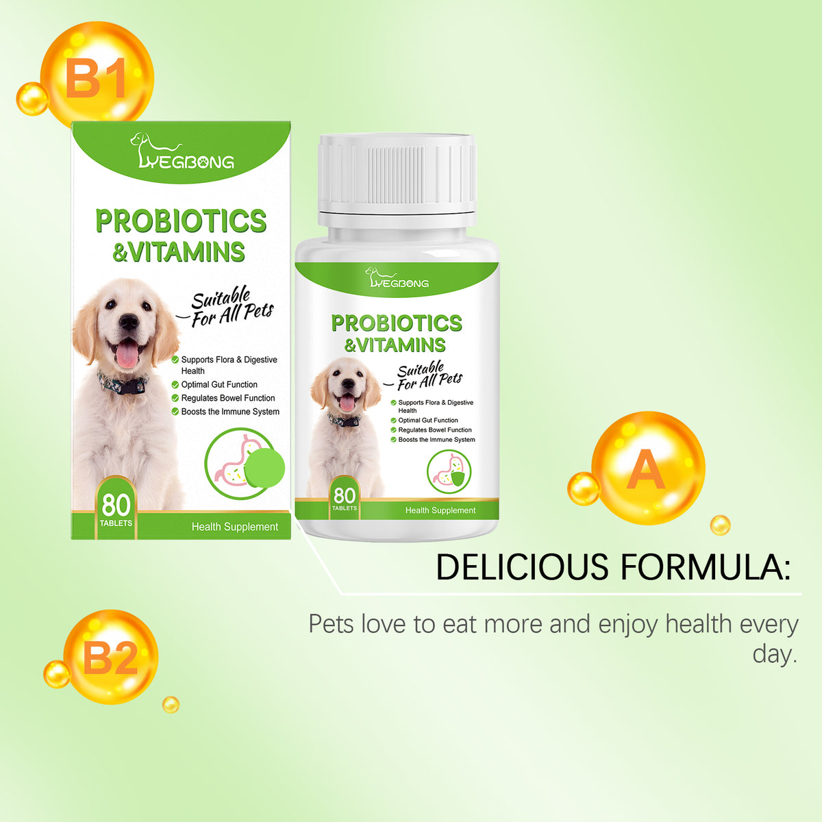 Pet Probiotics & Vitamin Tablets For Dogs & Cats, Gut Health Supplement, Support Digestion & Immune System, 80 Chewable 