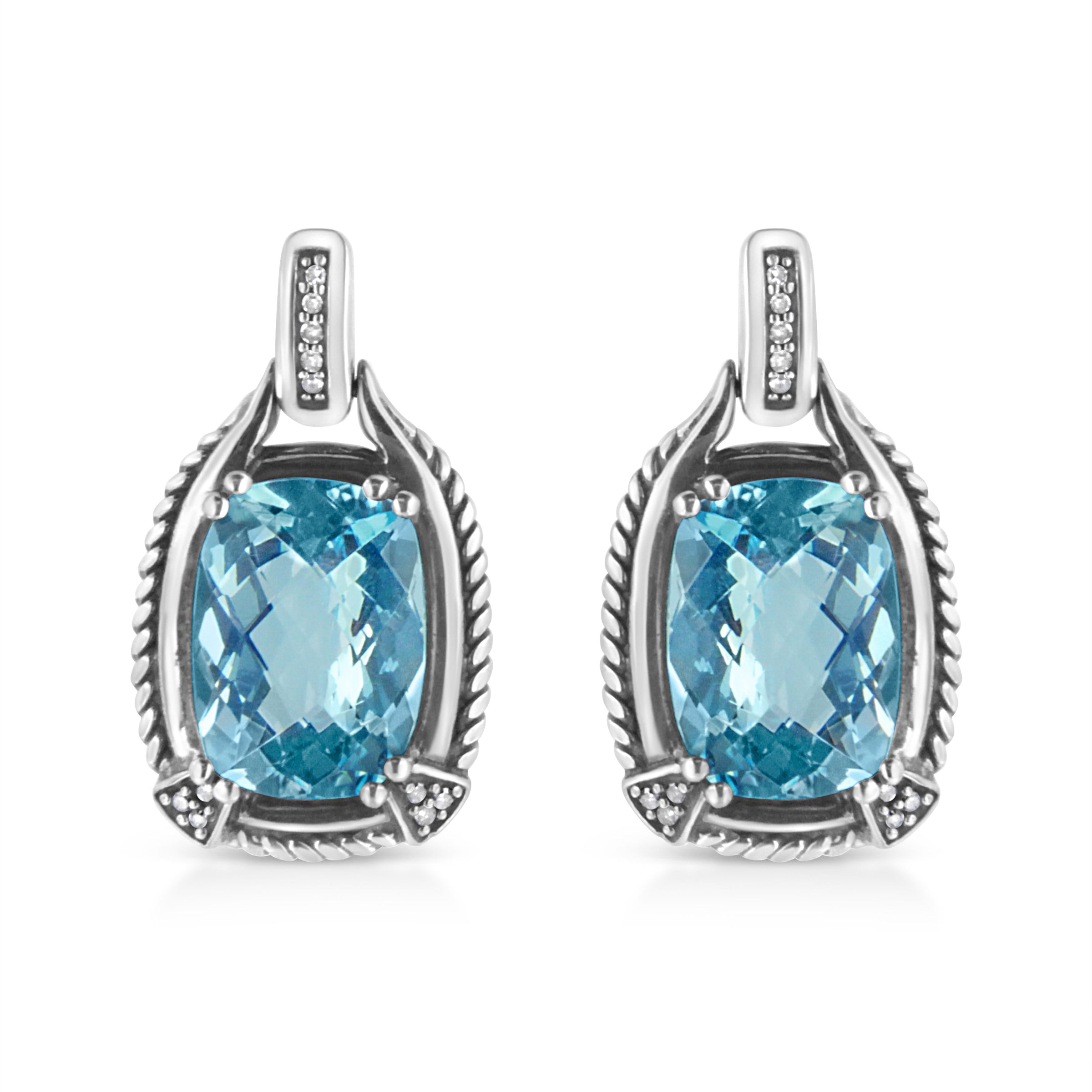 .925 Sterling Silver 14x10MM Cushion Cut Blue Topaz Gemstone and Diamond Accent Dangle Earring (I-J Color, I1-I2 Clarity)