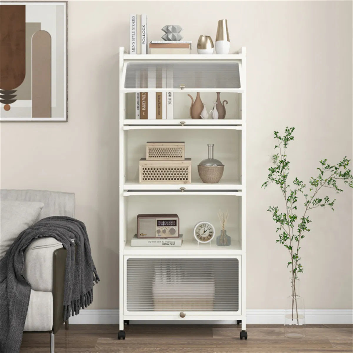 5-Tier Rolling Microwave Stand Flip Dust-Proof Doors 4 Casters with Brakes Kitchen Storage Rack White