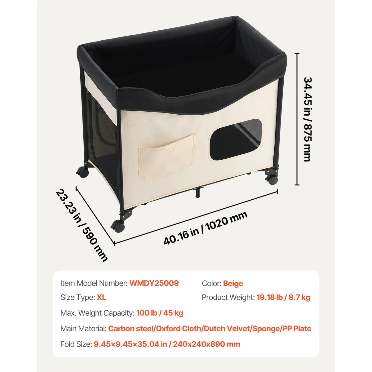 Elevated Lounge Dog Bed XL, Foldable Raised Dog Bed Cot For Large Dogs & Cats, Portable Pet Bed With Wheels, 600D Oxford