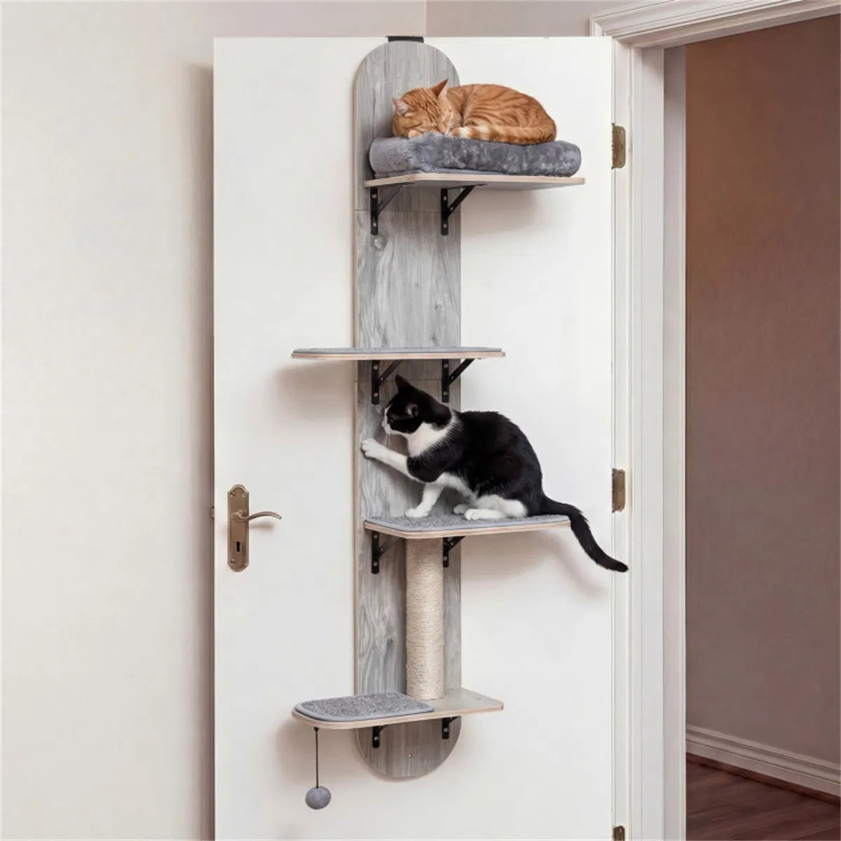 Door Hanging Cat Tree 5-Level Height Adjustable 4-Tier Climber No-Drill for Apartment Grey