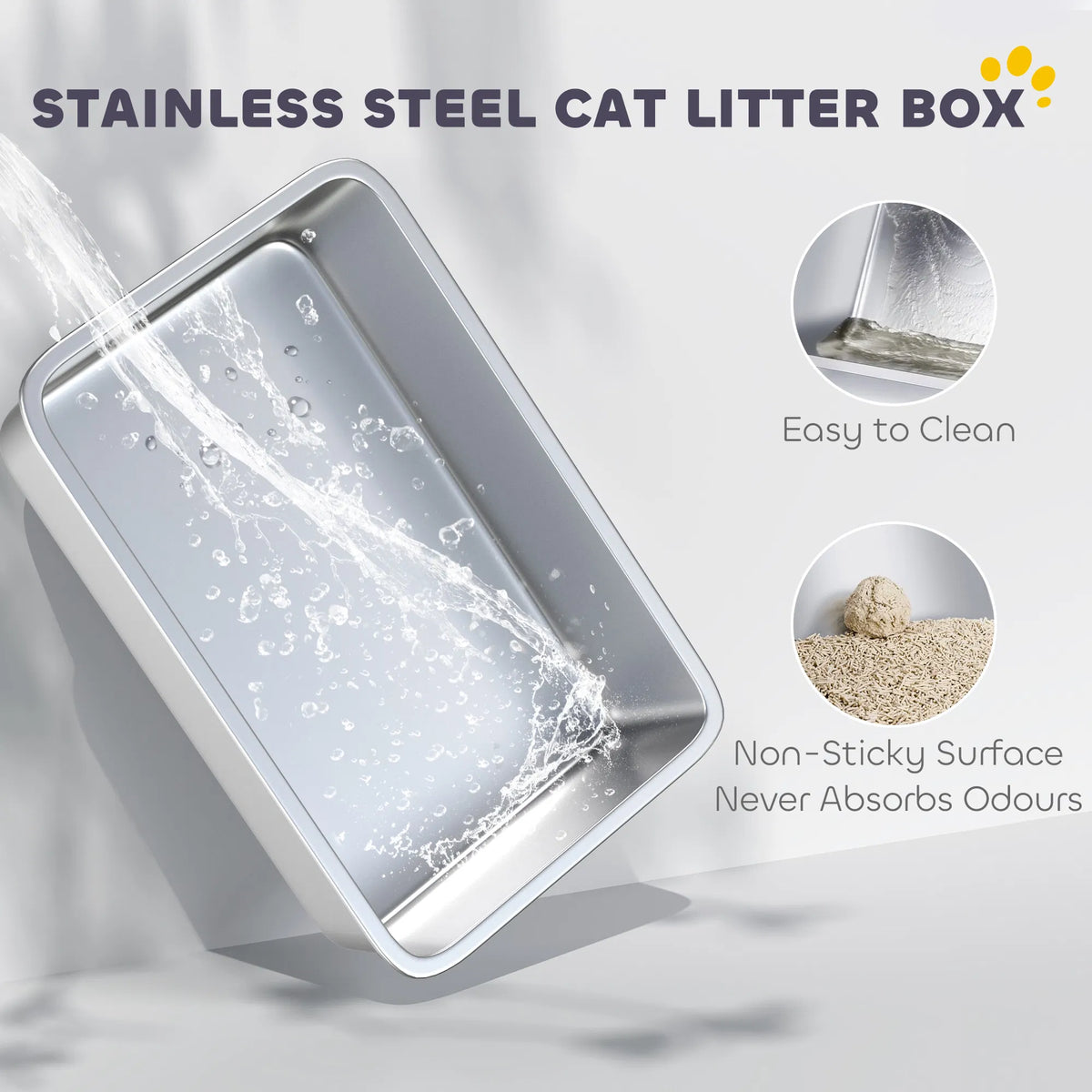 XL Stainless Steel Cat Litter Box for Big and Multiple Cats with High Wall Side, Scoop, Easy Cleaning & Odor Free