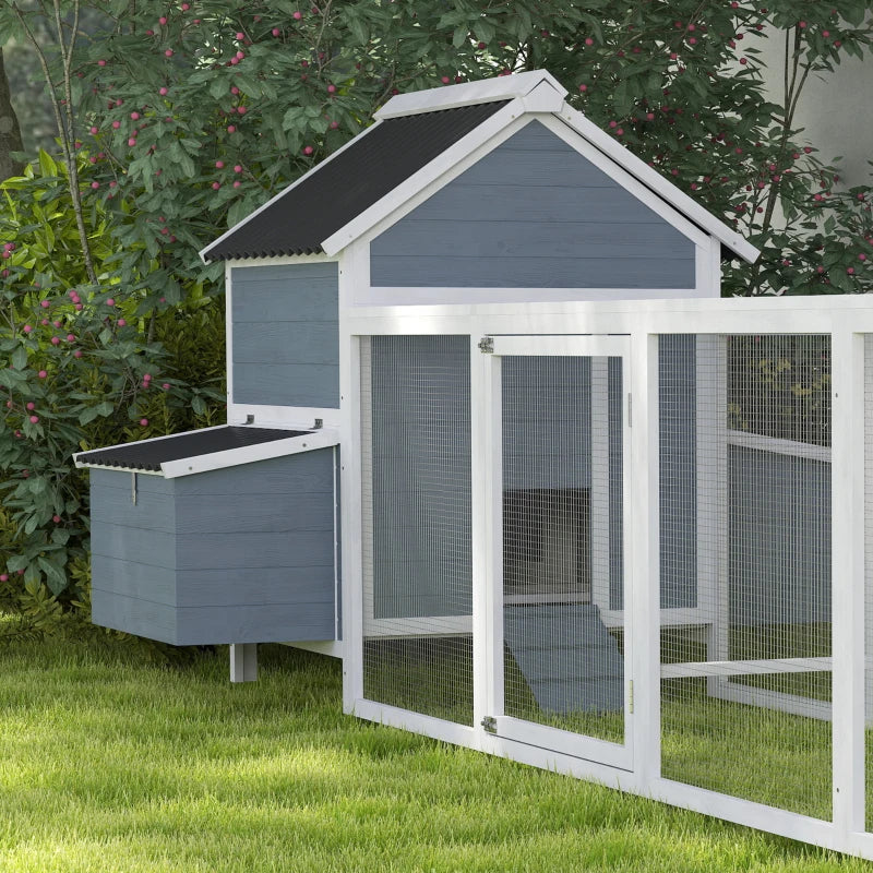 156Extra Large Wooden Chicken Coop With 2 Nesting Box, Run Cage, Waterproof Wave Roof, For 10-15 Chickens, Light GrayMul