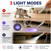 3-in-1 Pet Laser Pointer For Cats & Dogs,Cat Laser Pointer, USB Rechargeable Pet Toy With Red Laser, UV Light & LED Flas