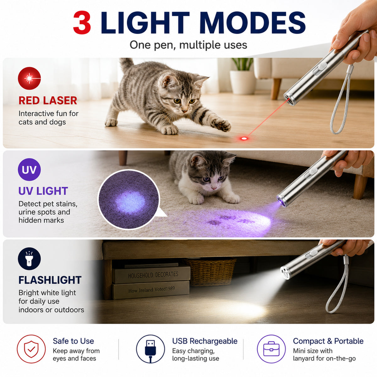 3-in-1 Pet Laser Pointer For Cats & Dogs,Cat Laser Pointer, USB Rechargeable Pet Toy With Red Laser, UV Light & LED Flas