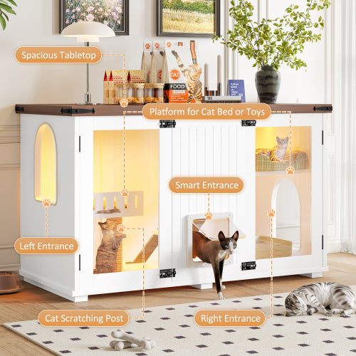47.25 Large Cat Litter Box Enclosure With LED Light, Hidden Litter Box Furniture, Cat House With Stairs And Cat Scratchi