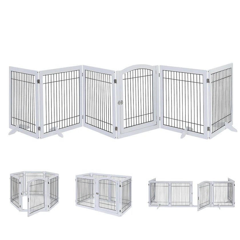 6-Panel Freestanding Wooden Dog Playpen & Pet Gate, 144"L x 31.5"H – Lockable Gate, No Wall Mounting, White/Espresso