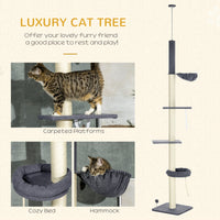 Floor To Ceiling Cat Tree, 5-Tier Cat Climbing Tower, 95-106 Height Adjustable with Carpeted Platforms, Cozy Bed, Hammoc