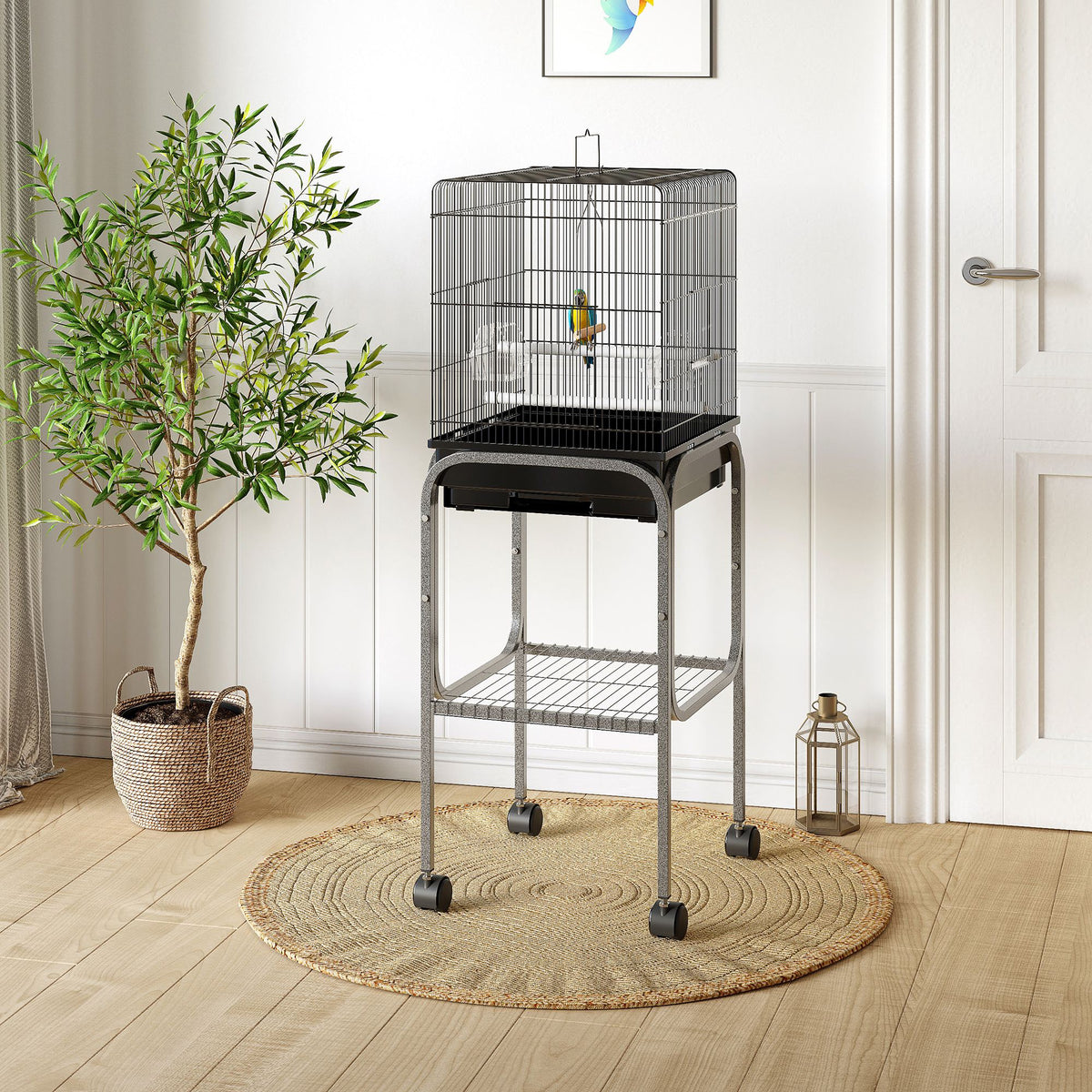 45-inch Metal Indoor Bird Cage, Parrot Cage, Bird Aviary with Detachable Rolling Stand, Storage Basket, and Accessories 