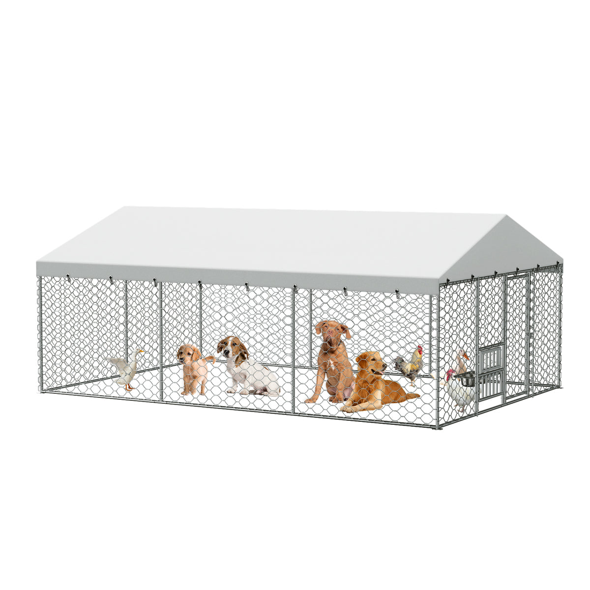 15x10 FT Large Outdoor Dog Kennel with Canopy, Heavy Duty Galvanized Steel Frame, Waterproof Cover, Built-in Elevated Fe