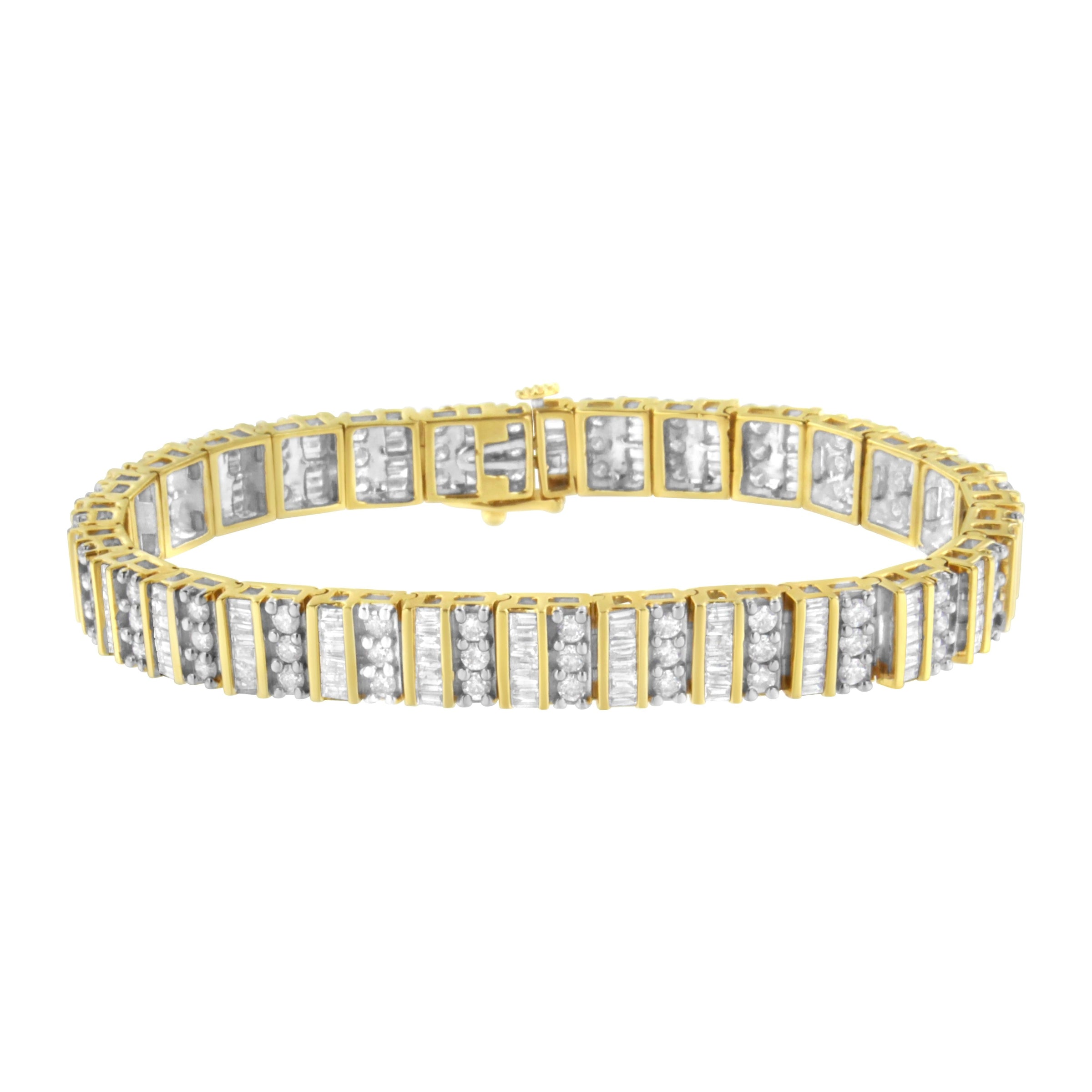 14K Yellow Gold 5.50 Cttw Round and Baguette Diamond Link Bracelet