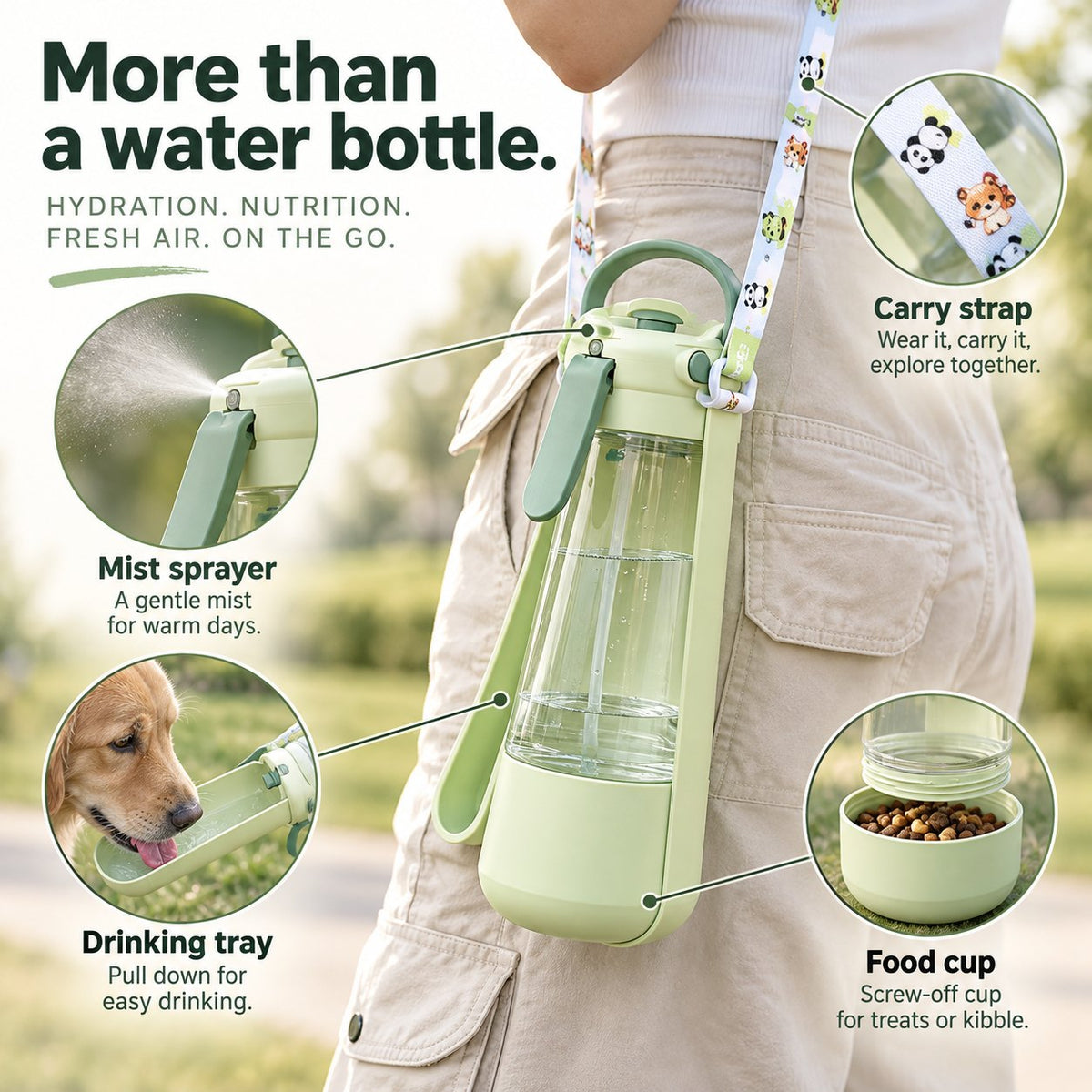 3in1 Dog Water Bottle With Mist Sprayer & Food Storage, Portable Pet Travel Water Dispenser For Walking Hiking Camping