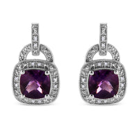 .925 Sterling Silver 8MM Natural Cushion Shaped Amethyst and Diamond Accent Halo with Push Back Dangle Earrings (I-J Color, I2-I3 Clarity)