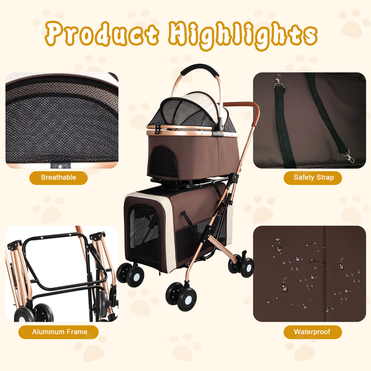Double Pet Stroller for Dogs and Cats, Foldable Frame, 3-in-1 Convertible Carrier/Tote, Shockproof Wheels, Brake System,